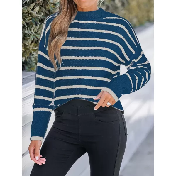 imageCUPSHE Women Mock Neck Sweater Tops Long Sleeve Sweaters Stripes Pullover Casual ShirtsBlue