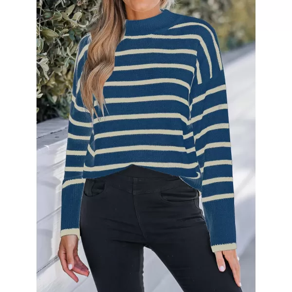 imageCUPSHE Women Mock Neck Sweater Tops Long Sleeve Sweaters Stripes Pullover Casual ShirtsBlue