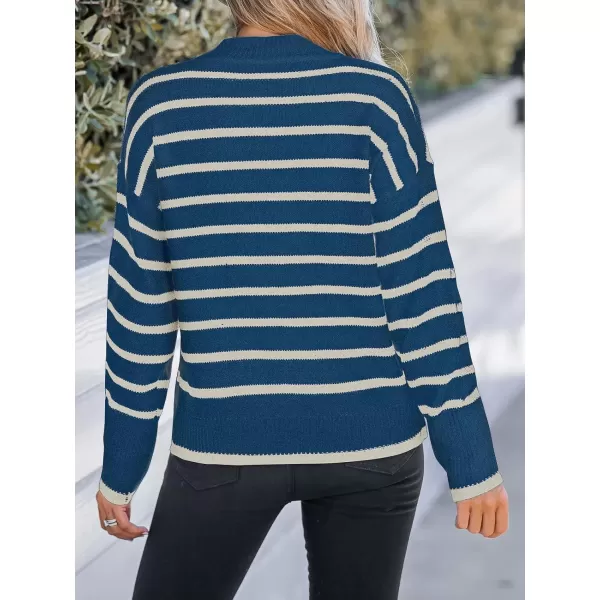 imageCUPSHE Women Mock Neck Sweater Tops Long Sleeve Sweaters Stripes Pullover Casual ShirtsBlue