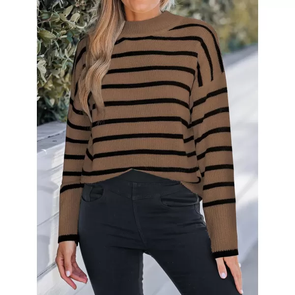 imageCUPSHE Women Mock Neck Sweater Tops Long Sleeve Sweaters Stripes Pullover Casual ShirtsBrown