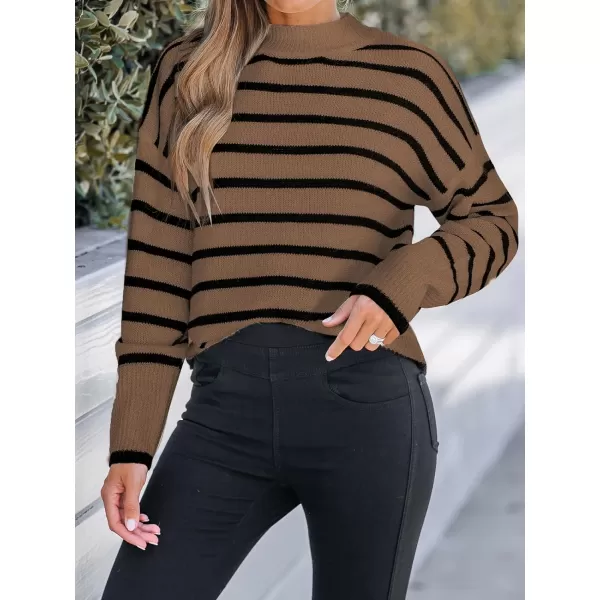 imageCUPSHE Women Mock Neck Sweater Tops Long Sleeve Sweaters Stripes Pullover Casual ShirtsBrown