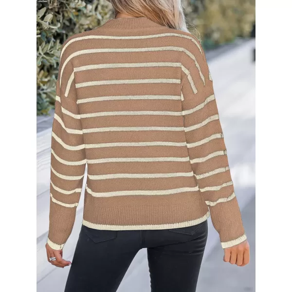 imageCUPSHE Women Mock Neck Sweater Tops Long Sleeve Sweaters Stripes Pullover Casual ShirtsSand