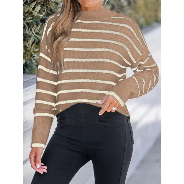 imageCUPSHE Women Mock Neck Sweater Tops Long Sleeve Sweaters Stripes Pullover Casual ShirtsSand