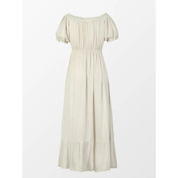 imageCUPSHE Women Off Shoulder Elastic Waist Tea Dress with Short Bubble SleevesBeige