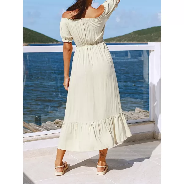 imageCUPSHE Women Off Shoulder Elastic Waist Tea Dress with Short Bubble SleevesBeige