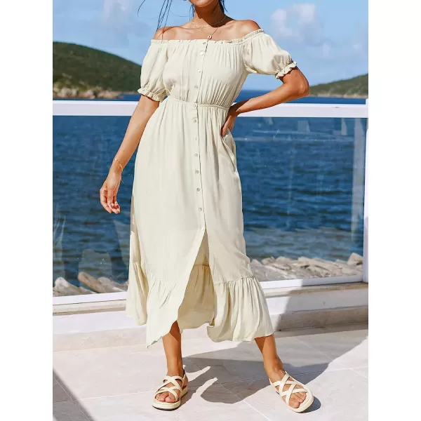 imageCUPSHE Women Off Shoulder Elastic Waist Tea Dress with Short Bubble SleevesBeige