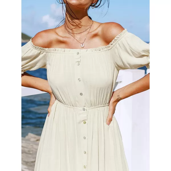 imageCUPSHE Women Off Shoulder Elastic Waist Tea Dress with Short Bubble SleevesBeige