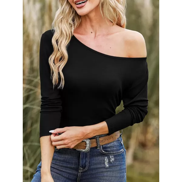imageCUPSHE Women Off Shoulder Long Sleeves Soft Ribbed Knit Lightweight Pullover Sweater TopsBlack