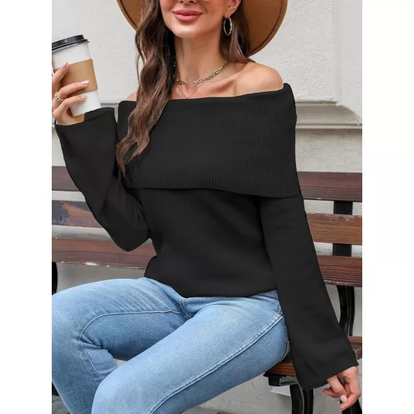 imageCUPSHE Women Off Shoulder Sweater Top Long Sleeves Boat Neck Ribbed KnitBlack