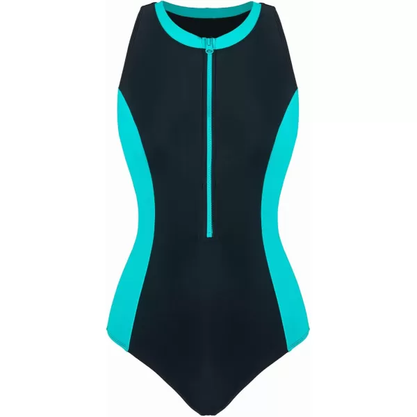 imageCUPSHE Women One Piece Bathing Suits High Neck Sleeveless Zipper TSplice Swimsuit SlimmingAquaBlack