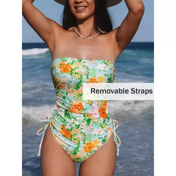 imageCUPSHE Women One Piece Bathing Suits Square Neck Tummy Control Swimsuit Drawstring Removable StrapsGreen Orange Floral