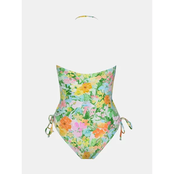 imageCUPSHE Women One Piece Bathing Suits Square Neck Tummy Control Swimsuit Drawstring Removable StrapsGreen Orange Floral