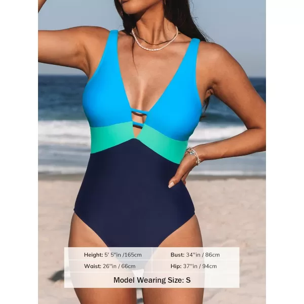 imageCUPSHE Women One Piece Swimsuit Bathing Suit Cutout V Neck Adjustable Straps Color Block O RingBlueGreen