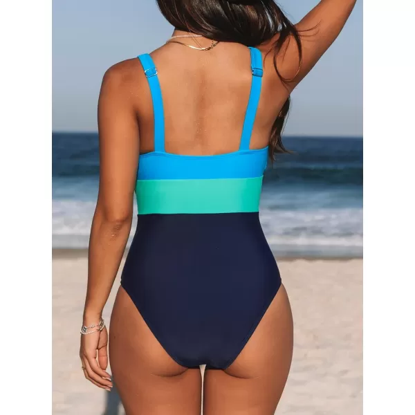 imageCUPSHE Women One Piece Swimsuit Bathing Suit Cutout V Neck Adjustable Straps Color Block O RingBlueGreen