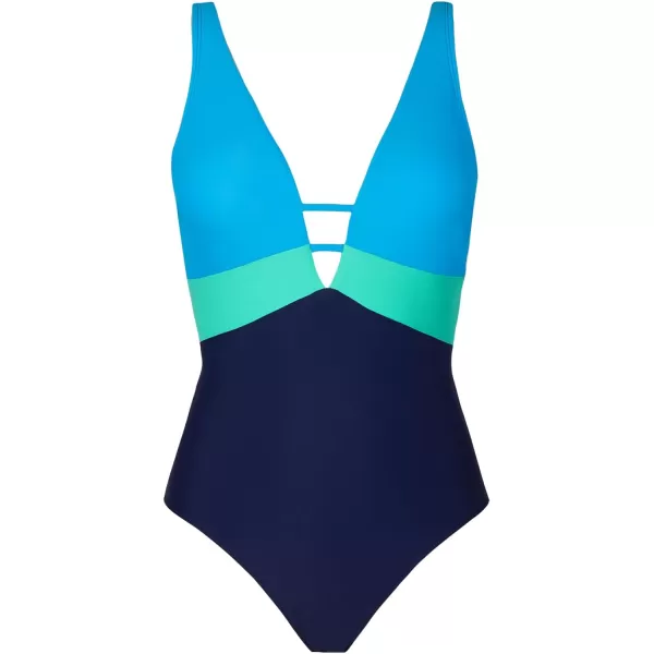 imageCUPSHE Women One Piece Swimsuit Bathing Suit Cutout V Neck Adjustable Straps Color Block O RingBlueGreen
