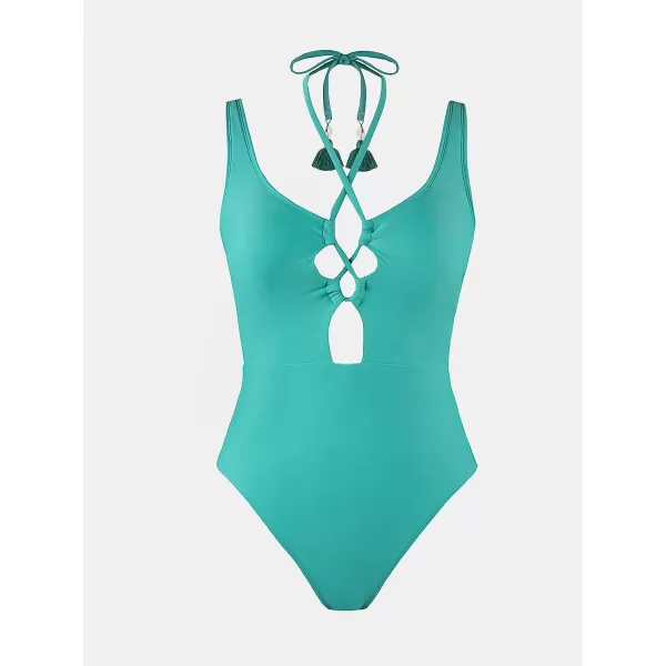 imageCUPSHE Women One Piece Swimsuit Cut Out Lace Up Front Low Back Adjustable StrapsTurquoise