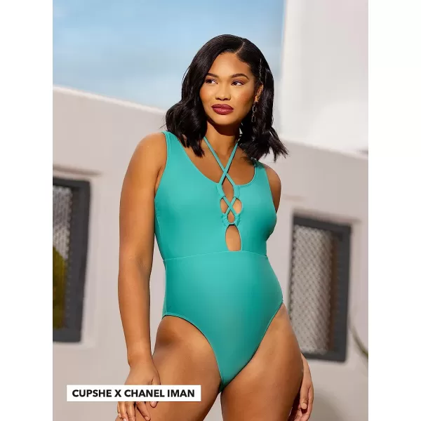 imageCUPSHE Women One Piece Swimsuit Cut Out Lace Up Front Low Back Adjustable StrapsTurquoise