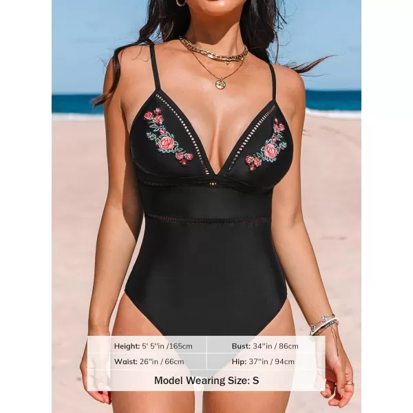 imageCUPSHE Women One Piece Swimsuit Cutout V Neck Adjustable Straps Ladder Trim Embroider Bathing SuitBlack Floral