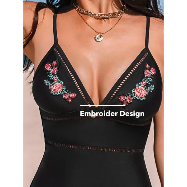 imageCUPSHE Women One Piece Swimsuit Cutout V Neck Adjustable Straps Ladder Trim Embroider Bathing SuitBlack Floral
