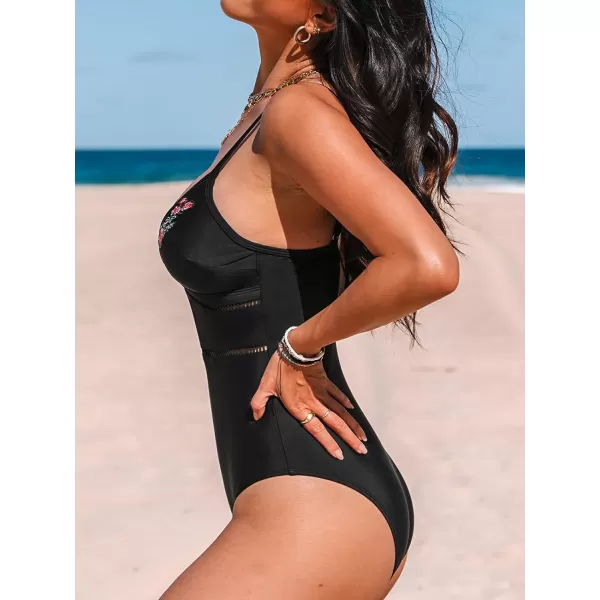 imageCUPSHE Women One Piece Swimsuit Cutout V Neck Adjustable Straps Ladder Trim Embroider Bathing SuitBlack Floral