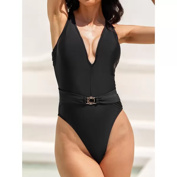 imageCUPSHE Women One Piece Swimsuit Deep V Neck Crisscross Back Cheeky Bathing SuitsBlack