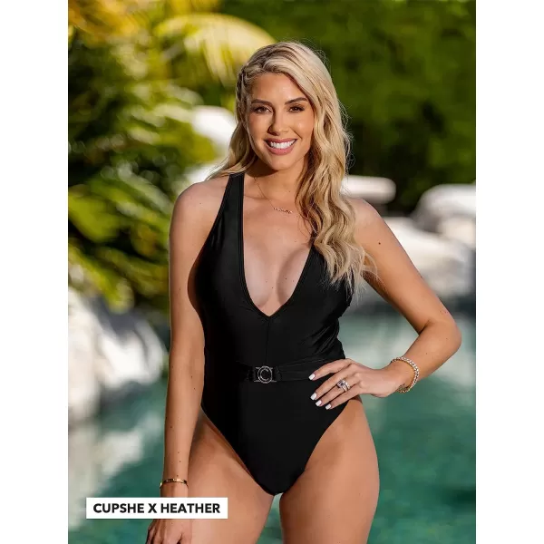 imageCUPSHE Women One Piece Swimsuit Deep V Neck Crisscross Back Cheeky Bathing SuitsBlack