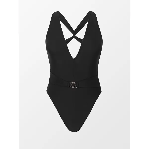 imageCUPSHE Women One Piece Swimsuit Deep V Neck Crisscross Back Cheeky Bathing SuitsBlack