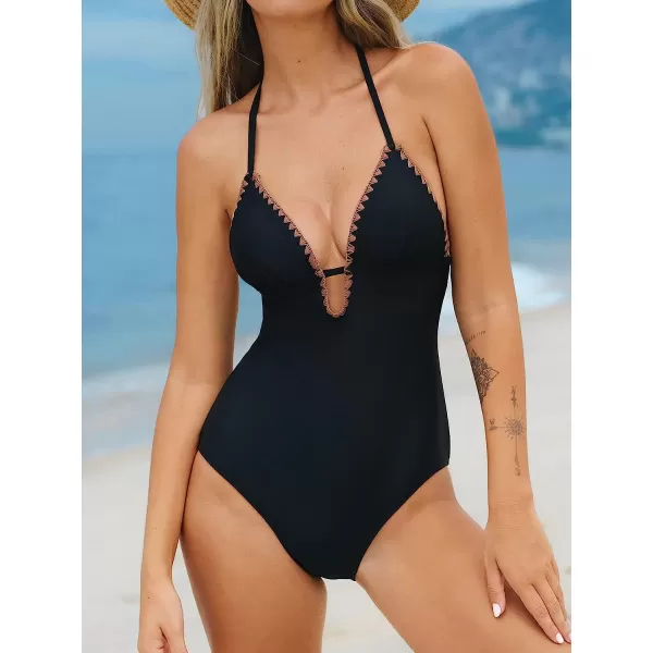 imageCUPSHE Women One Piece Swimsuit Deep V Neck Halter Backless Shell Stitch Trim Bathing SuitsBlack