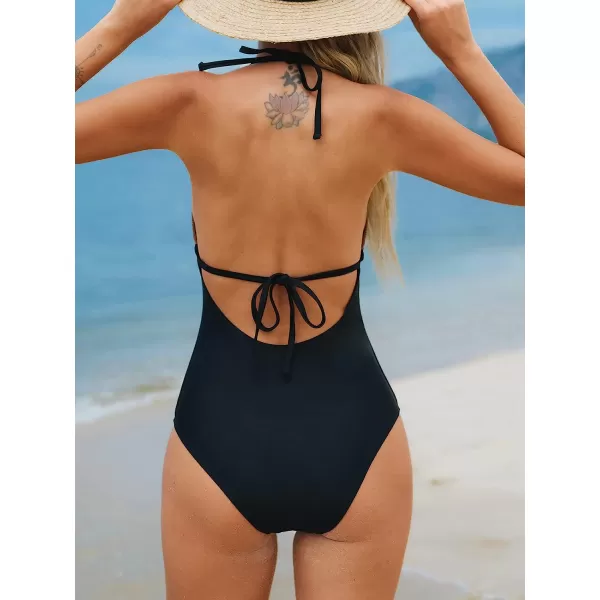 imageCUPSHE Women One Piece Swimsuit Deep V Neck Halter Backless Shell Stitch Trim Bathing SuitsBlack