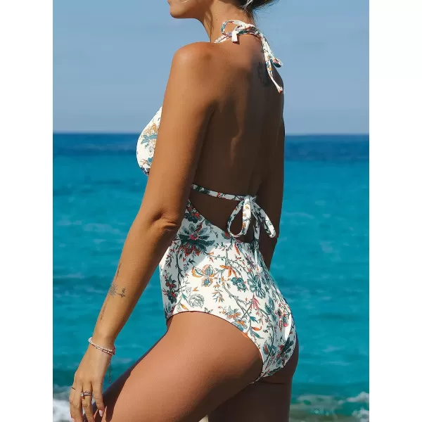 imageCUPSHE Women One Piece Swimsuit Deep V Neck Halter Backless Shell Stitch Trim Bathing SuitsWhite Boho Print