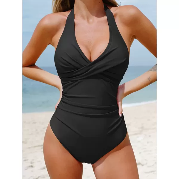 imageCUPSHE Women One Piece Swimsuit Deep V Neck Tummy Control Halter Twisted Backless Bathing SuitsBlack