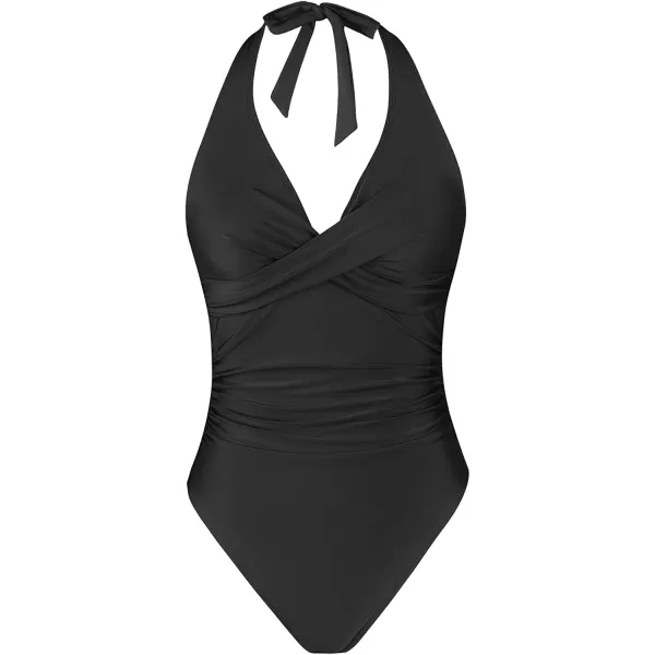 imageCUPSHE Women One Piece Swimsuit Deep V Neck Tummy Control Halter Twisted Backless Bathing SuitsBlack