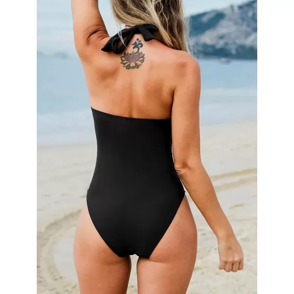 imageCUPSHE Women One Piece Swimsuit Deep V Neck Tummy Control Halter Twisted Backless Bathing SuitsBlack