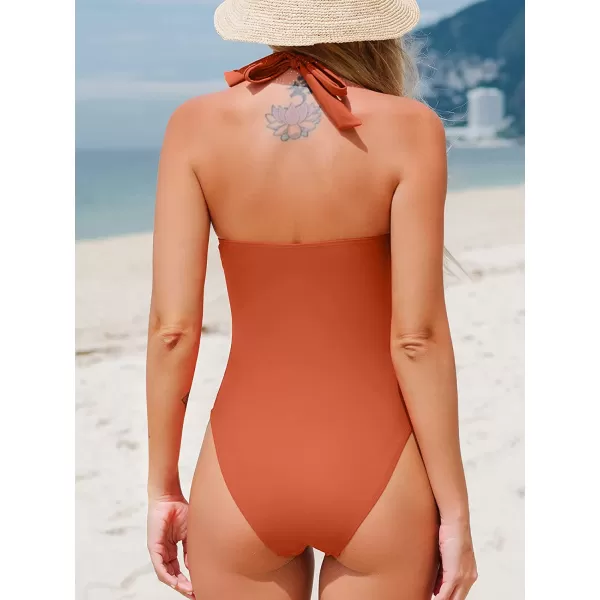 imageCUPSHE Women One Piece Swimsuit Deep V Neck Tummy Control Halter Twisted Backless Bathing SuitsCaramel