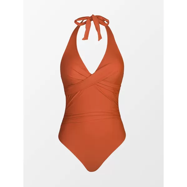 imageCUPSHE Women One Piece Swimsuit Deep V Neck Tummy Control Halter Twisted Backless Bathing SuitsCaramel