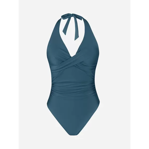 imageCUPSHE Women One Piece Swimsuit Deep V Neck Tummy Control Halter Twisted Backless Bathing SuitsNavy Blue