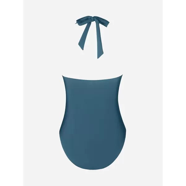imageCUPSHE Women One Piece Swimsuit Deep V Neck Tummy Control Halter Twisted Backless Bathing SuitsNavy Blue