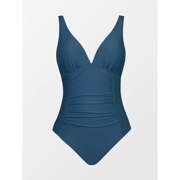 imageCUPSHE Women One Piece Swimsuit Deep V Neck Tummy Control Ruched Backless Adjustable Straps Bathing SuitsNavy Blue