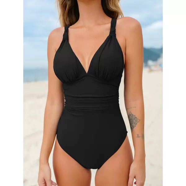 imageCUPSHE Women One Piece Swimsuit Deep V Neck Tummy Control Ruched V Back Classic Bathing SuitsBlack