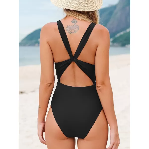 imageCUPSHE Women One Piece Swimsuit Deep V Neck Tummy Control Ruched V Back Classic Bathing SuitsBlack