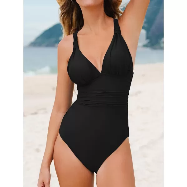 imageCUPSHE Women One Piece Swimsuit Deep V Neck Tummy Control Ruched V Back Classic Bathing SuitsBlack