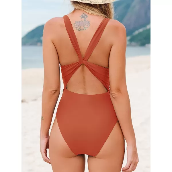imageCUPSHE Women One Piece Swimsuit Deep V Neck Tummy Control Ruched V Back Classic Bathing SuitsCaramel Color