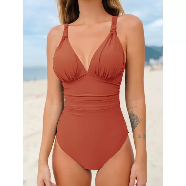 imageCUPSHE Women One Piece Swimsuit Deep V Neck Tummy Control Ruched V Back Classic Bathing SuitsCaramel Color