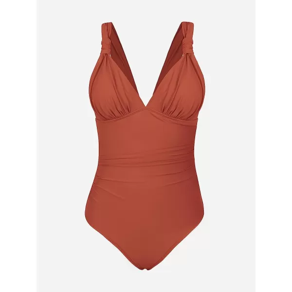 imageCUPSHE Women One Piece Swimsuit Deep V Neck Tummy Control Ruched V Back Classic Bathing SuitsCaramel Color