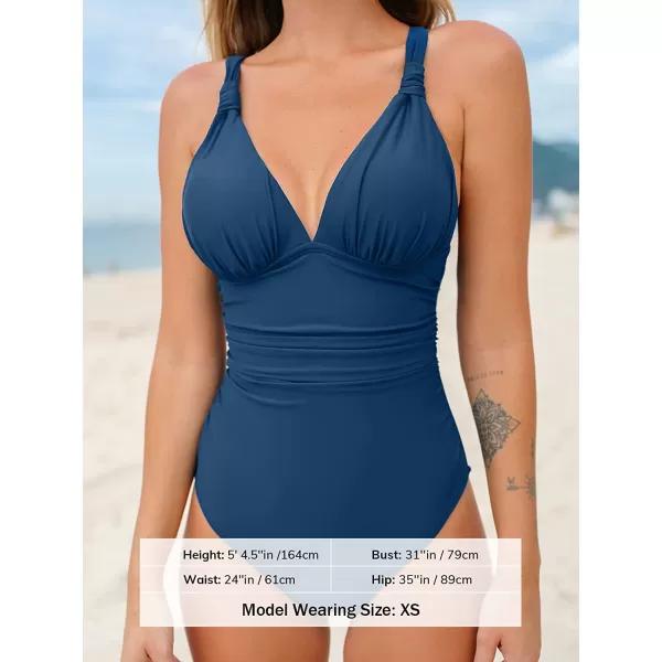 imageCUPSHE Women One Piece Swimsuit Deep V Neck Tummy Control Ruched V Back Classic Bathing SuitsNavy Blue