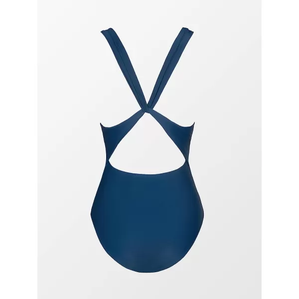 imageCUPSHE Women One Piece Swimsuit Deep V Neck Tummy Control Ruched V Back Classic Bathing SuitsNavy Blue