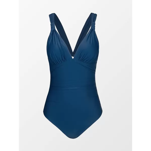 imageCUPSHE Women One Piece Swimsuit Deep V Neck Tummy Control Ruched V Back Classic Bathing SuitsNavy Blue