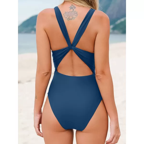 imageCUPSHE Women One Piece Swimsuit Deep V Neck Tummy Control Ruched V Back Classic Bathing SuitsNavy Blue