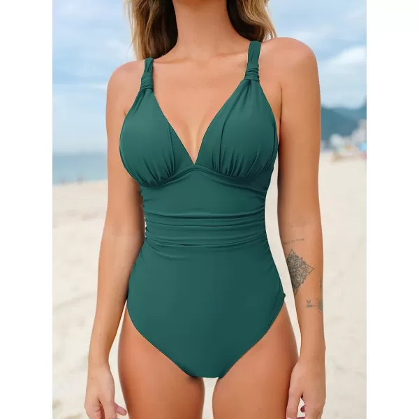 imageCUPSHE Women One Piece Swimsuit Deep V Neck Tummy Control Ruched V Back Classic Bathing SuitsTeal