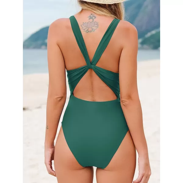 imageCUPSHE Women One Piece Swimsuit Deep V Neck Tummy Control Ruched V Back Classic Bathing SuitsTeal
